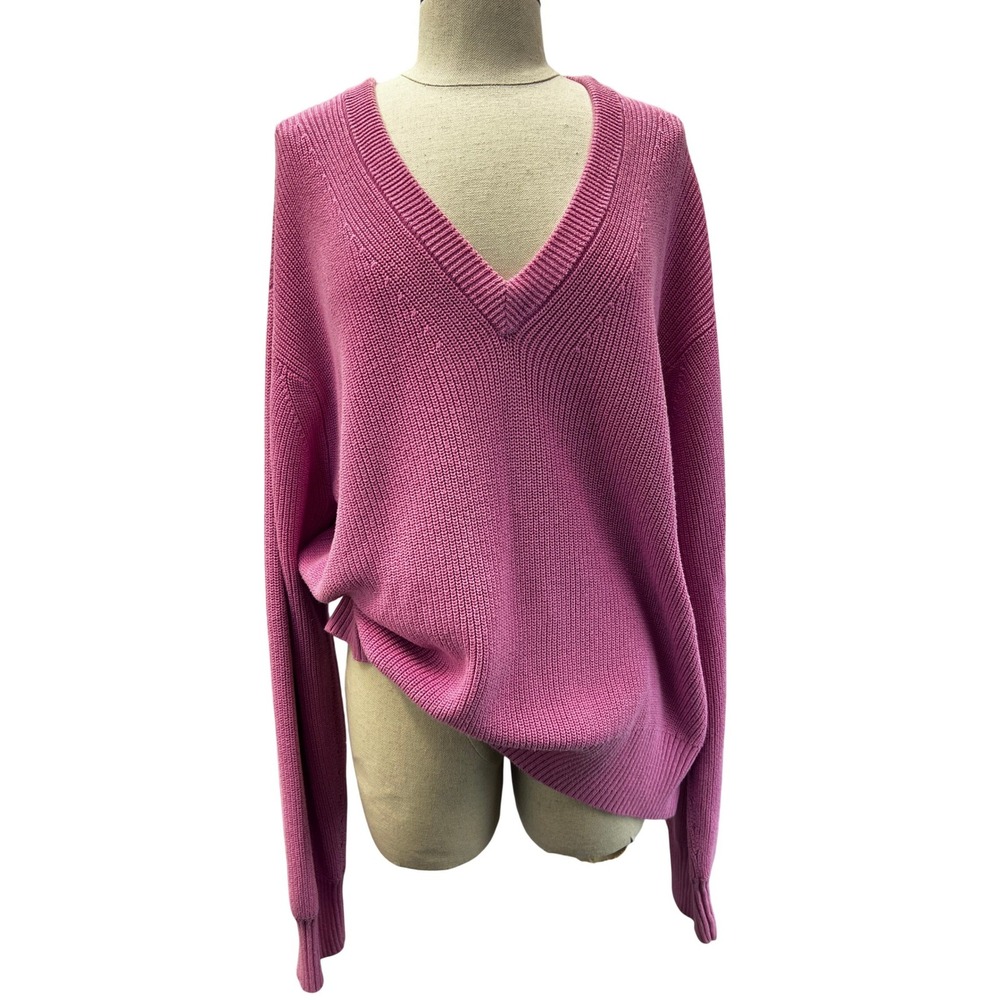 PAIGE V-Neck Sweater Womens XL Fuchsia Pink Very Good Ribbed Cotton Blend Knit